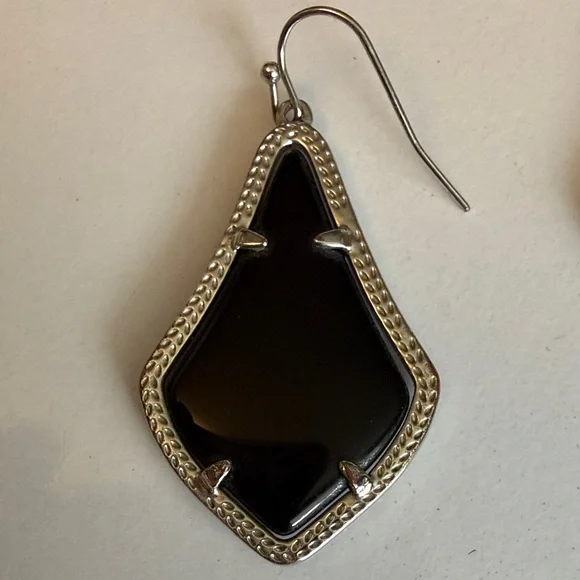 Black Opaque Teardrop Dangle Earrings with Silver-Tone Frame - Picture 2 of 5